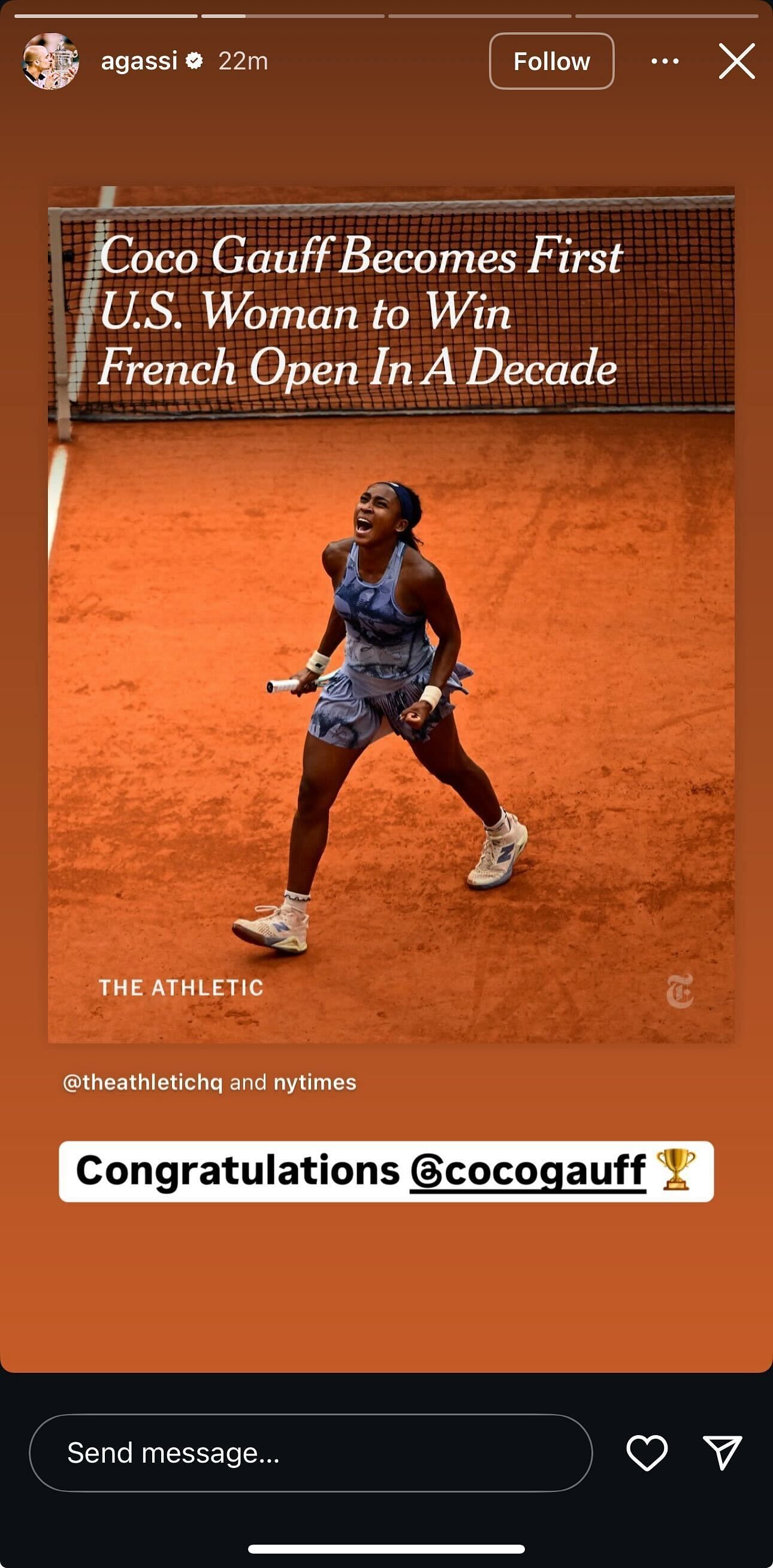 Andre Agassi's congratulatory message to Coco Gauff on Instagram Stories after American's 2025 French Open title triumph (Source: Instagram/agassi)